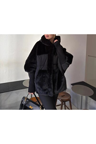Lavanta Tekstil Fur Coat with Knit Detail on the Sleeves