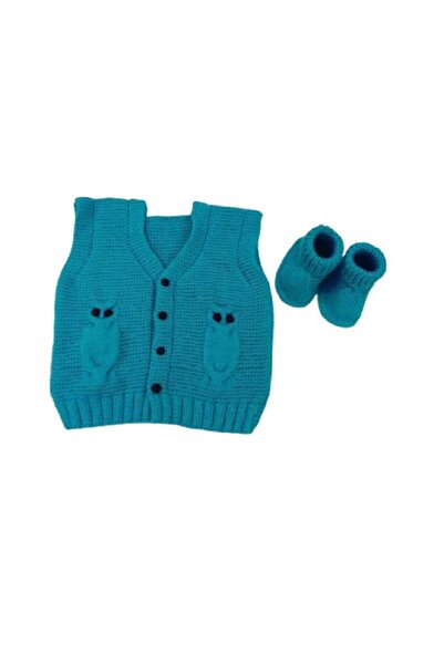 OYUNCAKPARK Baykuş Modeli Örgü Mavi Renk Bebek Yeleği ve Patiği