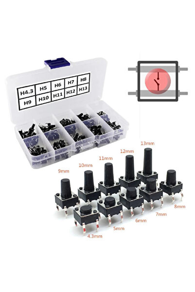 200 Adet 6x6mm Tact Buton Set 10 Farklı Yükseklikte 4 Pin Dokunmatik Anlık Basmalı Düğme Anahtar