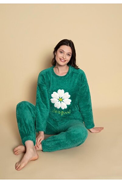 TOSKI Pijama cocolino damă verde cu imprimeu Life is good