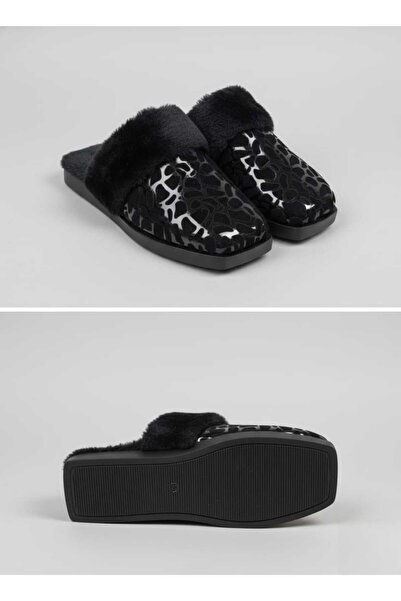 PAPUCUMUN DÜNYASI Γυναικείες παντόφλες σπιτιού με ζεστή σόλα από PVC με μοτίβο λεοπάρ και επένδυση από φτερά