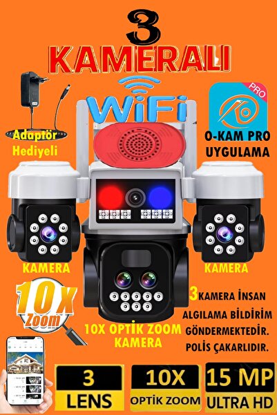 TRCharger 15MP 3 Kameralı 3 Ekran Ptz Wifi 3 Kamera Bildirim – Polis Çakarlı,...
