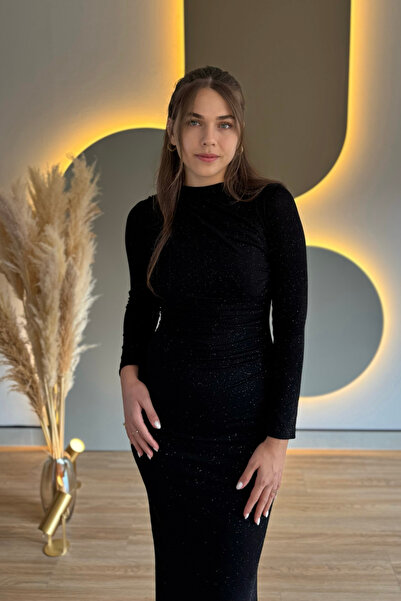 Aventien Draped Slit Long Sleeve Silvery Black Midi Dress