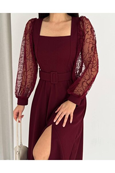 Bellucia Şifon Kol Detaylı Kare Yaka Kemerli Midi Elbise