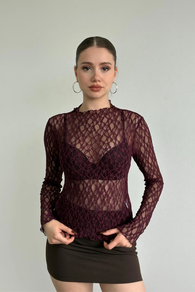 MİROR Women's Burgundy Long Sleeve Half Turtleneck Lace See-Through Blouse