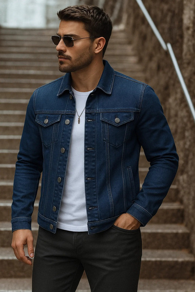 comstar Men's Transitional Basic Daily Trend Navy Blue Denim Jacket