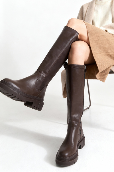 LEVONYA Γυναικείες ελαστικές καθημερινές μπότες μέχρι το γόνατο από ύφασμα καφέ χρώματος