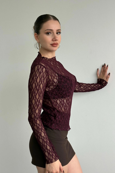 MİROR Women's Burgundy Long Sleeve Half Turtleneck Lace See-Through Blouse