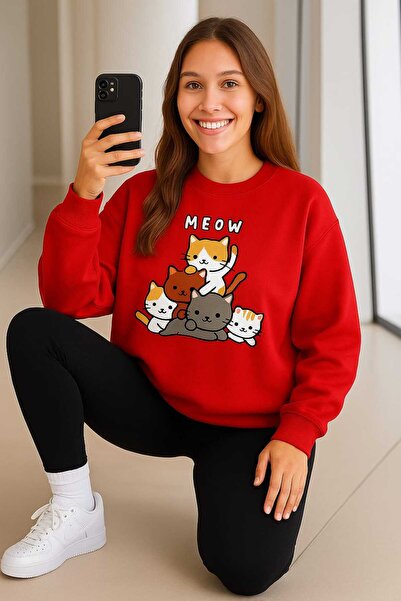 LiyAdaCo Crvena Oversize kroj okrugla kragna majica - Meow Sweet mačka s Štam...