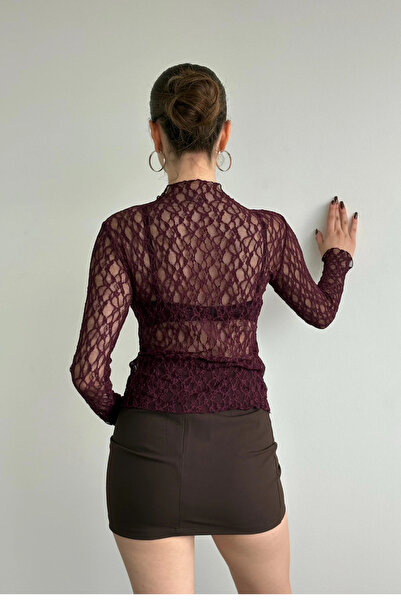 MİROR Women's Burgundy Long Sleeve Half Turtleneck Lace See-Through Blouse