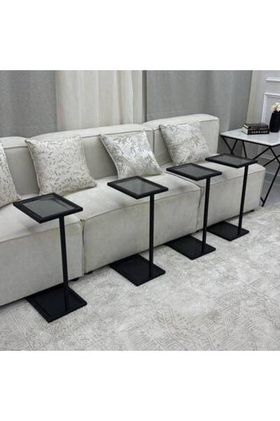 LAMST Set of 4 Serving Tables - Brown Top, Black Iron Base