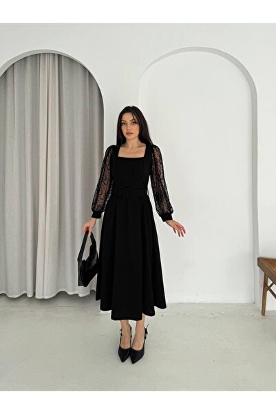 Bellucia Şifon Kol Detaylı Kare Yaka Kemerli Midi Elbise