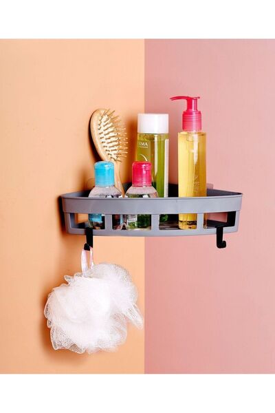 MAİN SHOP 2 Pcs of 2-Tier Adhesive Kitchen and Bathroom Shelves, Shampoo, Corner Triangular Organizer Anthracite Color M-159