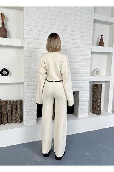 Narstorm Women's Cream Front Embroidery Detailed Knitwear Trouser Set