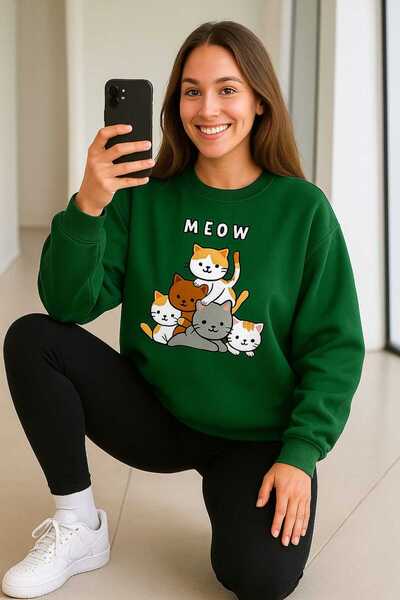 LiyAdaCo Verde supradimensionat guler rotund Swea tricou -Meow Sweet pisică l...