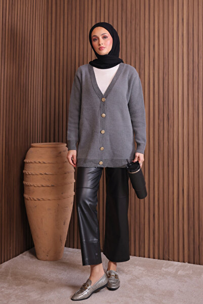 Mogi Butik Women's V-Neck Bronze Buttoned Bearded Knitwear Long Cardigan 3128