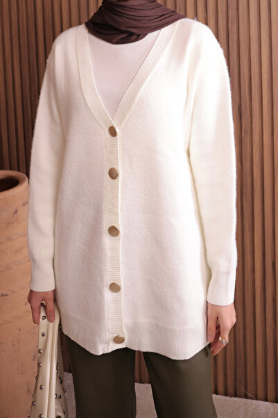 Mogi Butik Γυναικεία μακριά ζακέτα με λαιμόκοψη σε σχήμα V με μπρονζέ κουμπιά 3128