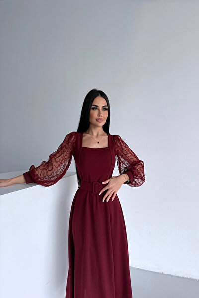 kamacibutik Square Neckline Sleeve Tulle Detail Design Dress