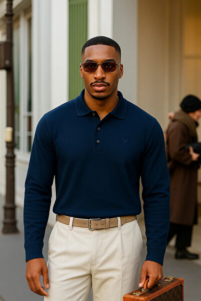 Maccali Men's Winter Casual Polo Neck Navy Blue Sweater