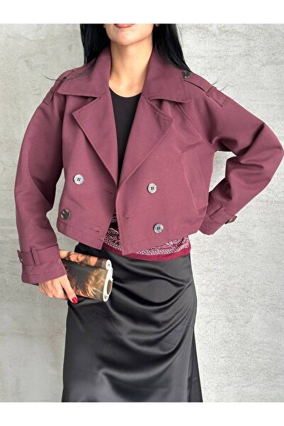 Narstorm Women's Belted Plum Lined Sleeve Epaulet Crop Short Trench Coat