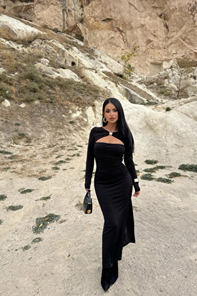 Sorridi Gold Akseuarlı Pencere Detaylı Drapeli Yanı Yırtmaçlı Elbise