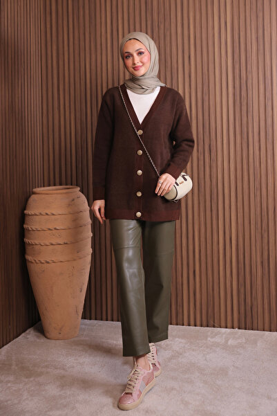 Mogi Butik Women's V-Neck Bronze Buttoned Bearded Knitwear Long Cardigan 3128