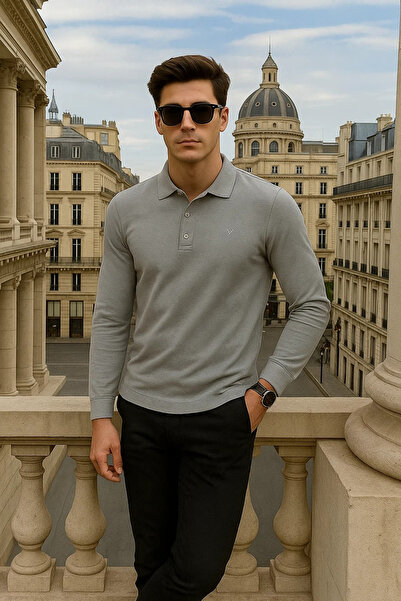 Maccali Men's Long Sleeve Casual Loose Polo Neck Gray Sweater