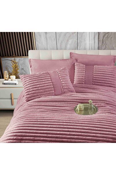 CASIMI Bedding Set with Duvet Included, Fitted Sheet, 6 Pieces, Artificial Rabbit Fur and Velvet, Pink