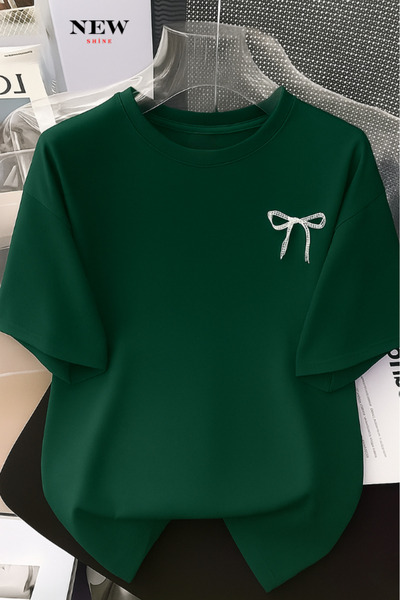 New Shine تي شيرت كبير الحجم مطبوع عليه فيونكة