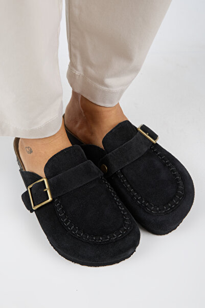 Manijero Premium Series Arya Black Genuine Leather Soft Footbed Closed Front Slippers