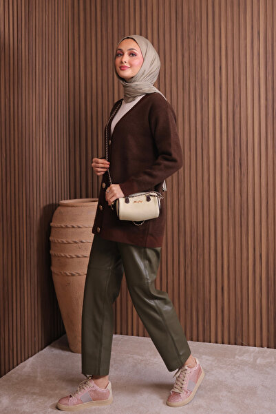 Mogi Butik Women's V-Neck Bronze Buttoned Bearded Knitwear Long Cardigan 3128