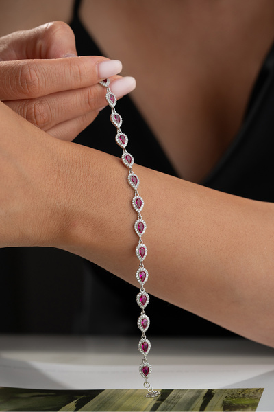 Silvano Jewelry 925 Ayar Gümüş Rodyum Kaplama Kırmızı Taşlı Suyolu Bileklik
