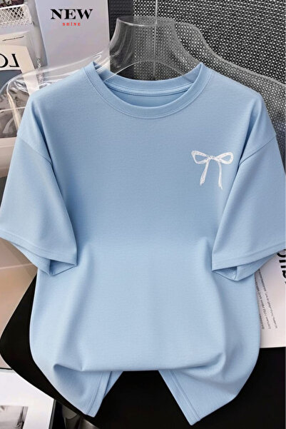 New Shine تي شيرت كبير الحجم مطبوع عليه فيونكة