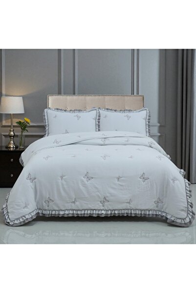 Meldora Lumina Zarif Tasarımlı Likya Nakışlı Fırfırlı Yatak Örtüsü – Dört Mevsim Konforlu Kullanım