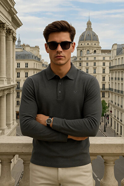 Maccali Men's Long Sleeve Casual Loose Polo Neck Smoked Sweater