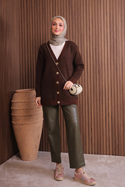 Mogi Butik Women's V-Neck Bronze Buttoned Bearded Knitwear Long Cardigan 3128