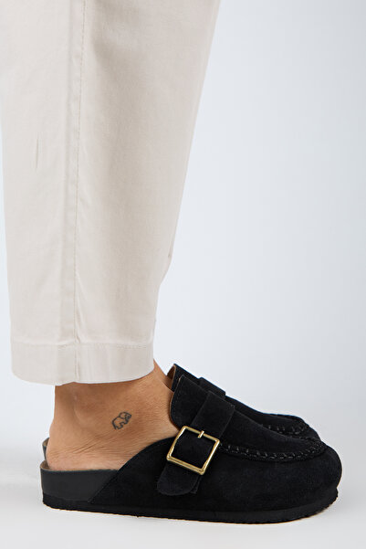 Manijero Premium Series Arya Black Genuine Leather Soft Footbed Closed Front Slippers