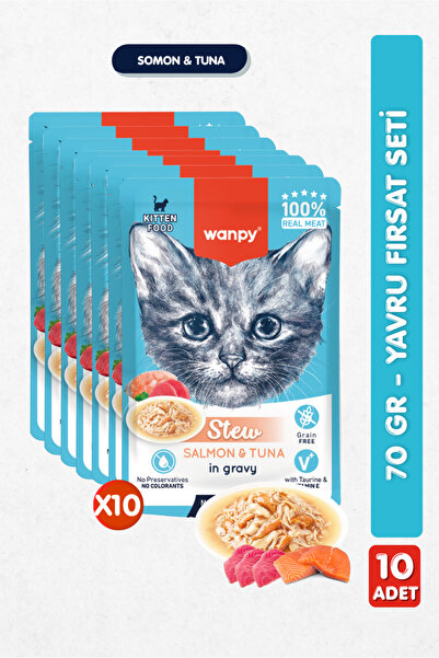 Wanpy 10lu Yavru Kedi Yaş Maması Somon & Ton Balıklı Premium Kalite 10 x 70 gr