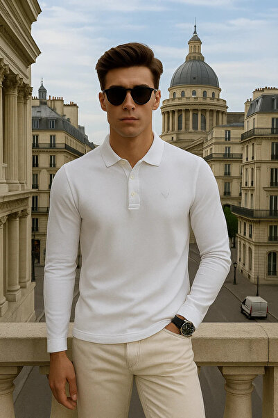 Maccali Ανδρικό μακρυμάνικο casual λευκό πουλόβερ με λαιμόκοψη πόλο