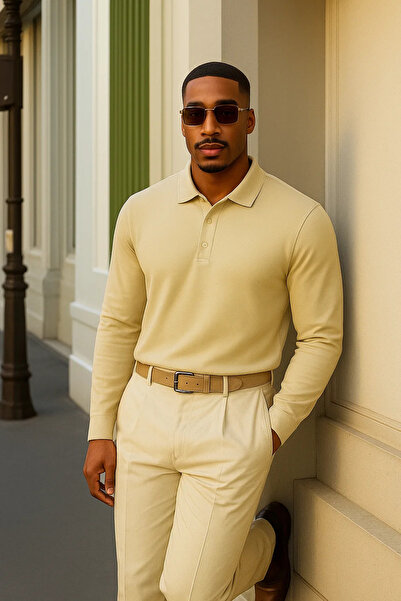 Maccali Men's Winter Casual Loose Polo Neck Beige Sweater