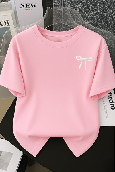 New Shine تي شيرت كبير الحجم مطبوع عليه فيونكة