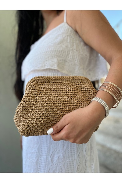 MODA Hasır Portföy Çanta Şık %100 El Emeği El Çantası Gizli Burslu Çanta Bohem