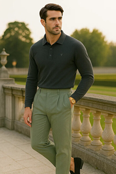 Maccali Men's Casual Polo Neck Long Sleeve Smoked T-Shirt