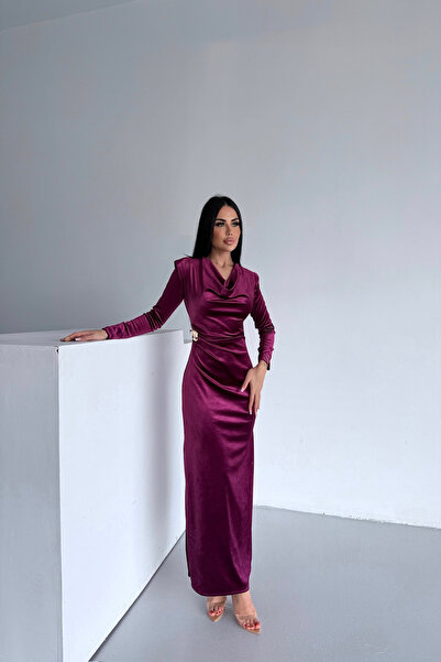 LİLA İSTANBUL Degaje Collar Velvet Fabric Plum Dress