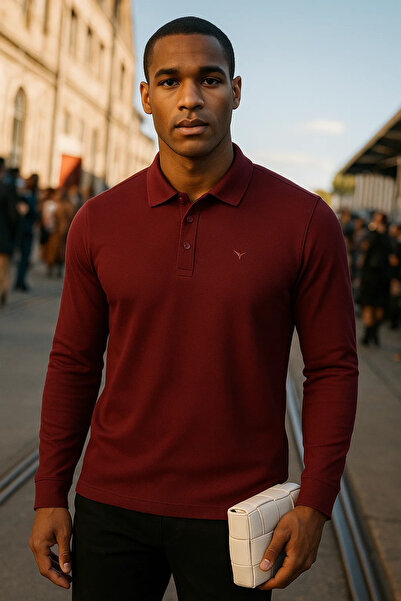 Maccali Men's Casual Long Sleeve Burgundy Polo Neck T-Shirt