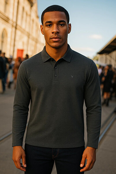 Maccali Men's Casual Long Sleeve Smoked Polo Neck T-Shirt