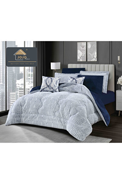 CASIMI Bedding Set with Duvet Included, 6 Pieces, Artificial Rabbit Fur & Velvet - Blue