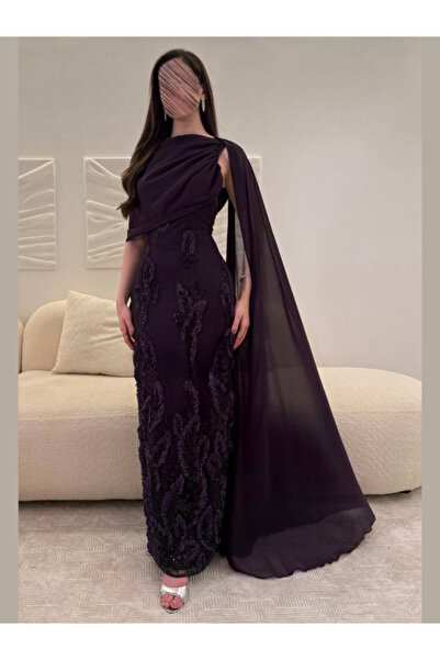 TREN فستان سهرة طويل بتطريز يدوي فاخر مع وشاح شيفون انسيابي للمناسبات الخاصة والحفلات الملكية