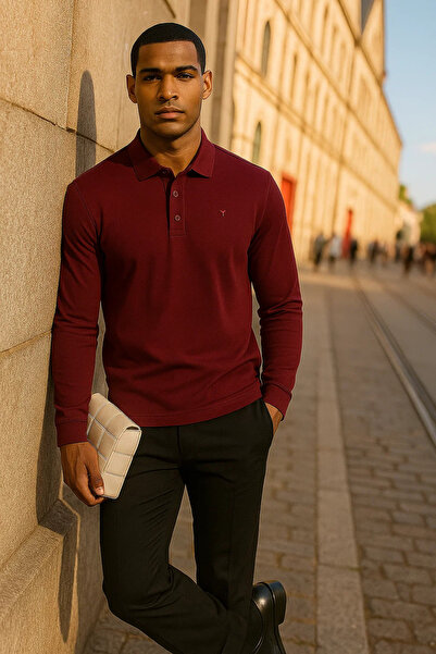 Maccali Men's Casual Long Sleeve Burgundy Polo Neck T-Shirt