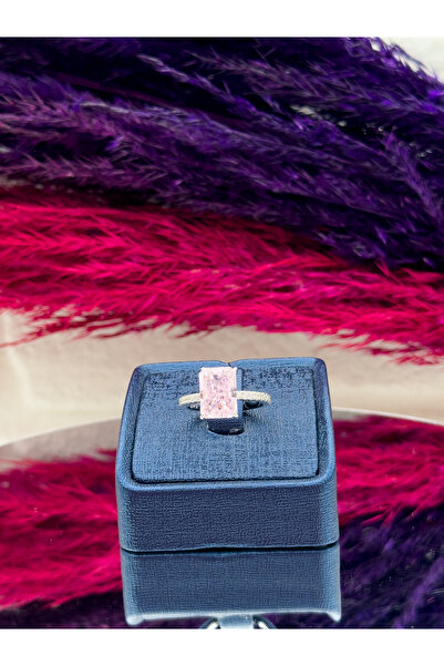 NO BRAND 925 Ayar Gümüş Baget Pembe Kuvars Taşlı Pırlanta Montürlü Trend Kadı...